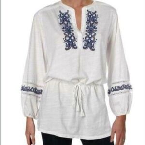 NWT RALPH LAUREN boho Embroidered White and Blue Women's tunic Top size S/M
